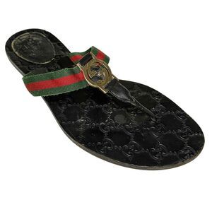 Gucci GG Web Stripe Thong Sandals EU 38.5 US 8.5 Black Flip Flop Slide Flat Heel